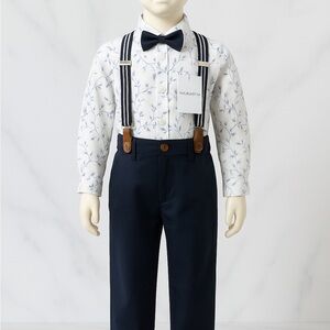 Boys Dress Outfit 8–9T Floral Shirt Navy Pants Suspenders and Bow Tie Set